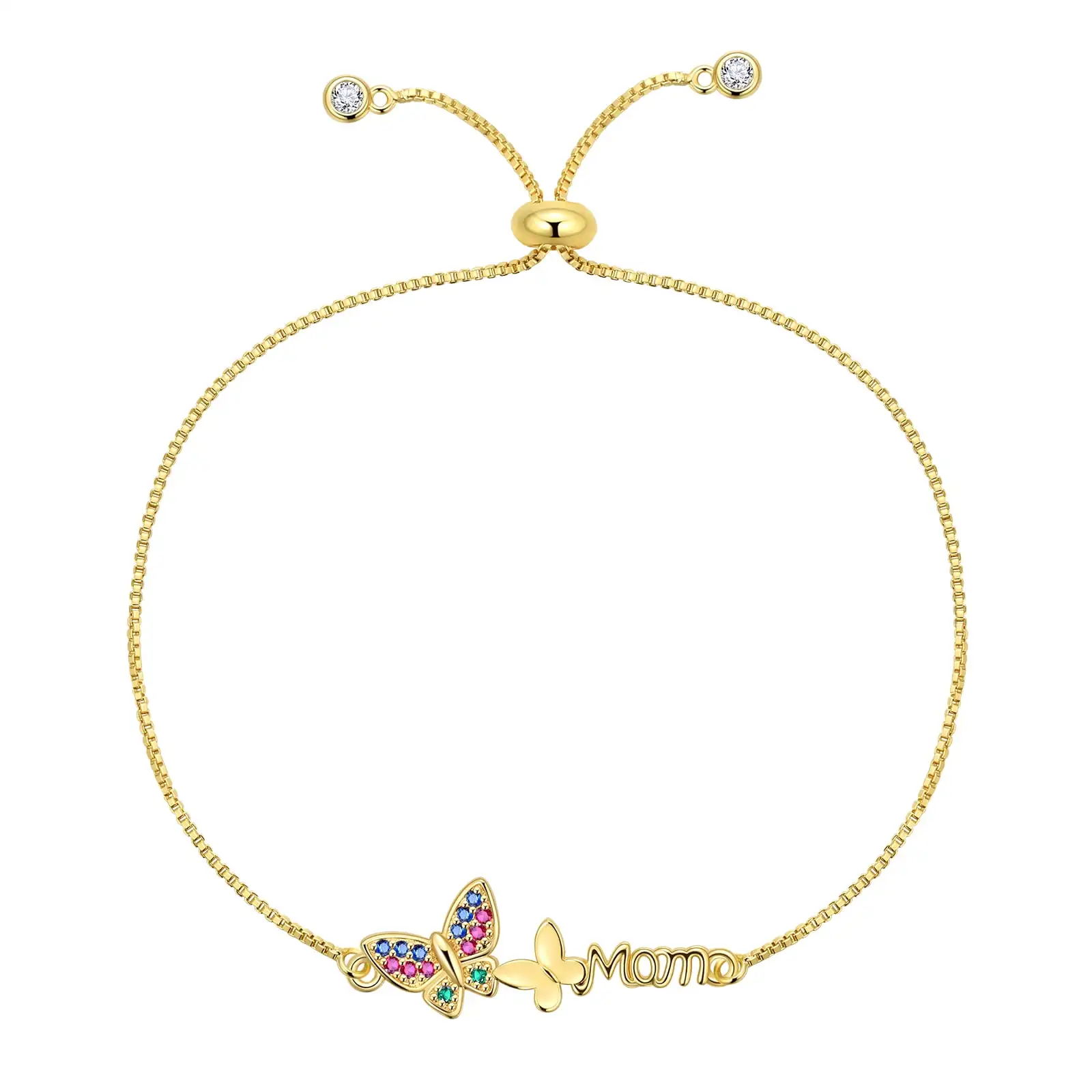 Colorful Rainbow CZ Stones Butterfly I Love Mama Charm Bracelet Women Gold-plated Brass Cubic Zirconia Crystal Mom Jewelry Gift