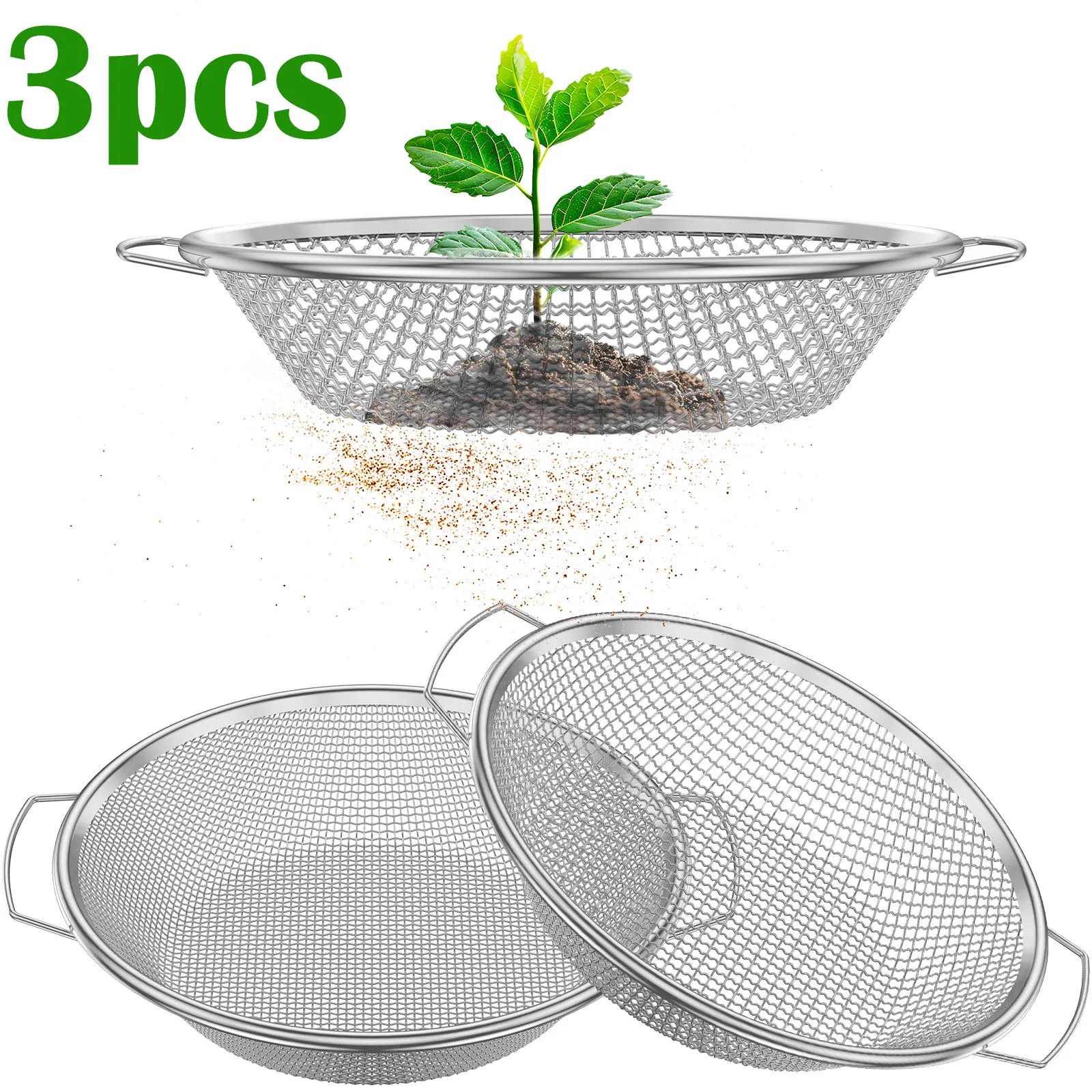 3Pcs Gardening Soil Sifter 3/6/10mm Iron Sawdust Compost Sifter with Handle Garden Planting Tool for Gravel Sawdust Vermicompost