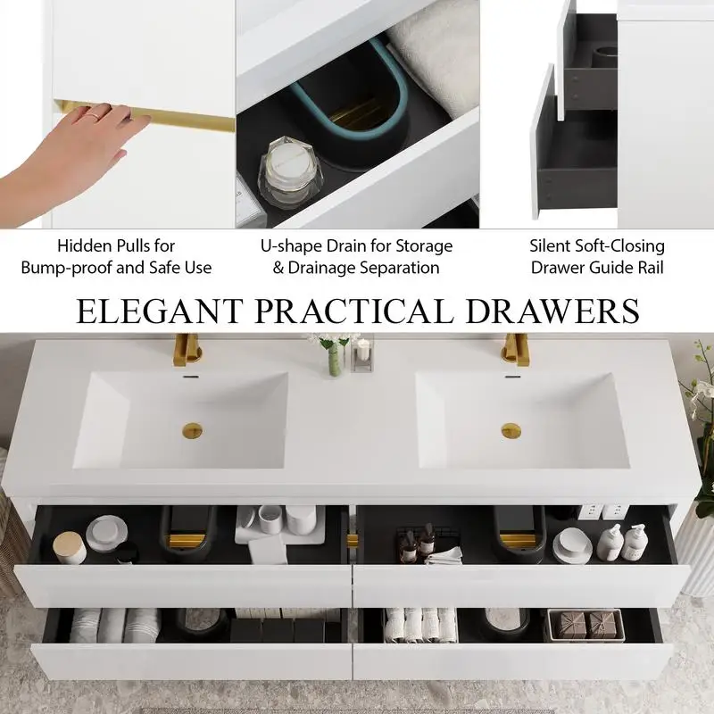 Tocador de pared de 72 pulgadas con fregaderos dobles, gabinete de almacenamiento flotante, encimera de resina de piedra, cajones de Cierre Suave, brillante