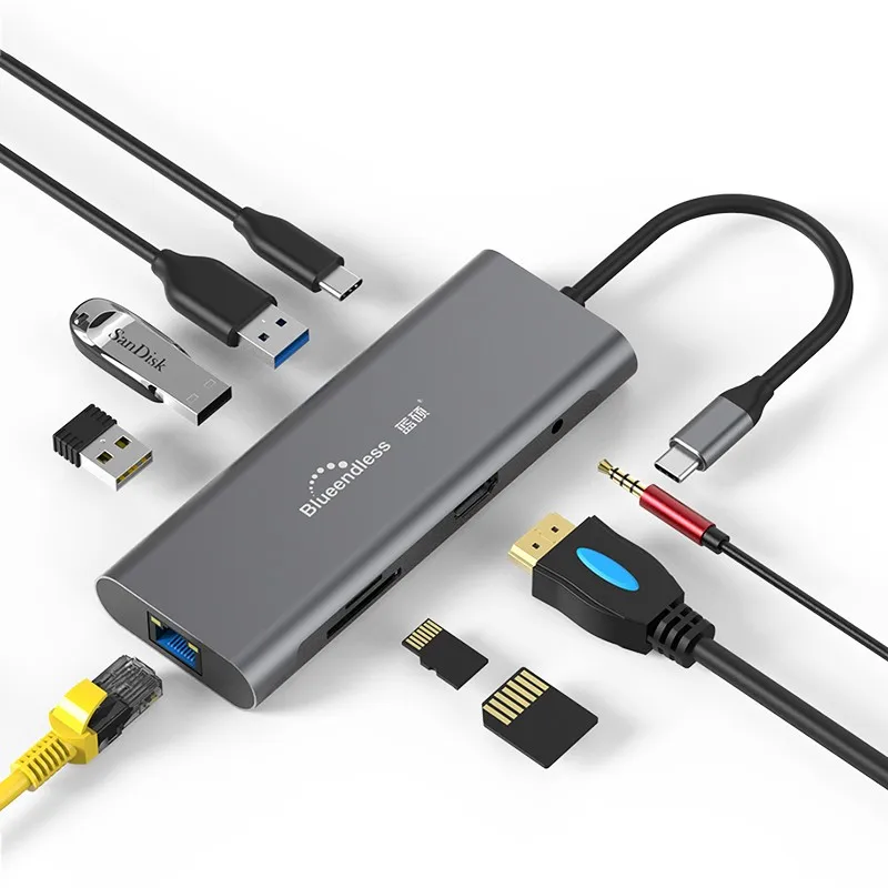 hit productRJ45 1000M Audio 3.5MM SD TF Card Reader USB 3.0 USB C Hub 9 In 1 HDTV 4K 60Hz USB Type C Charger Adapter