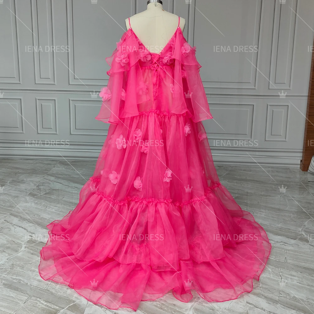 custom 18135#Hot Pink Organza Floral Maternity Dress Photoshoot Pregnancy Sexy Spaghetti Strap Open Front Maternity Gown