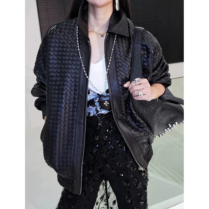 Giacca in pelle bordeaux Autunno Inverno Donna lavorata a mano Streetwear Cappotto in pelle di pecora allentata con cerniera vintage con risvolto Roupas Feminina