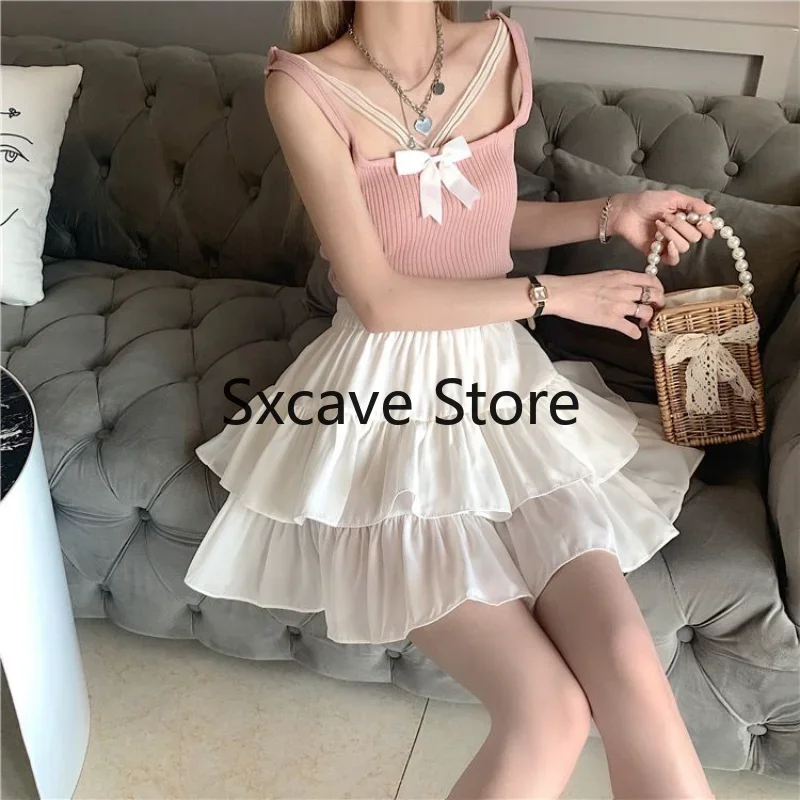 2024 Summer Pleated A-line Skirt White Women Ruffles Korean Fashion Elastic Elastic Waist Slim Thin Simple Casual Y2k Skirts