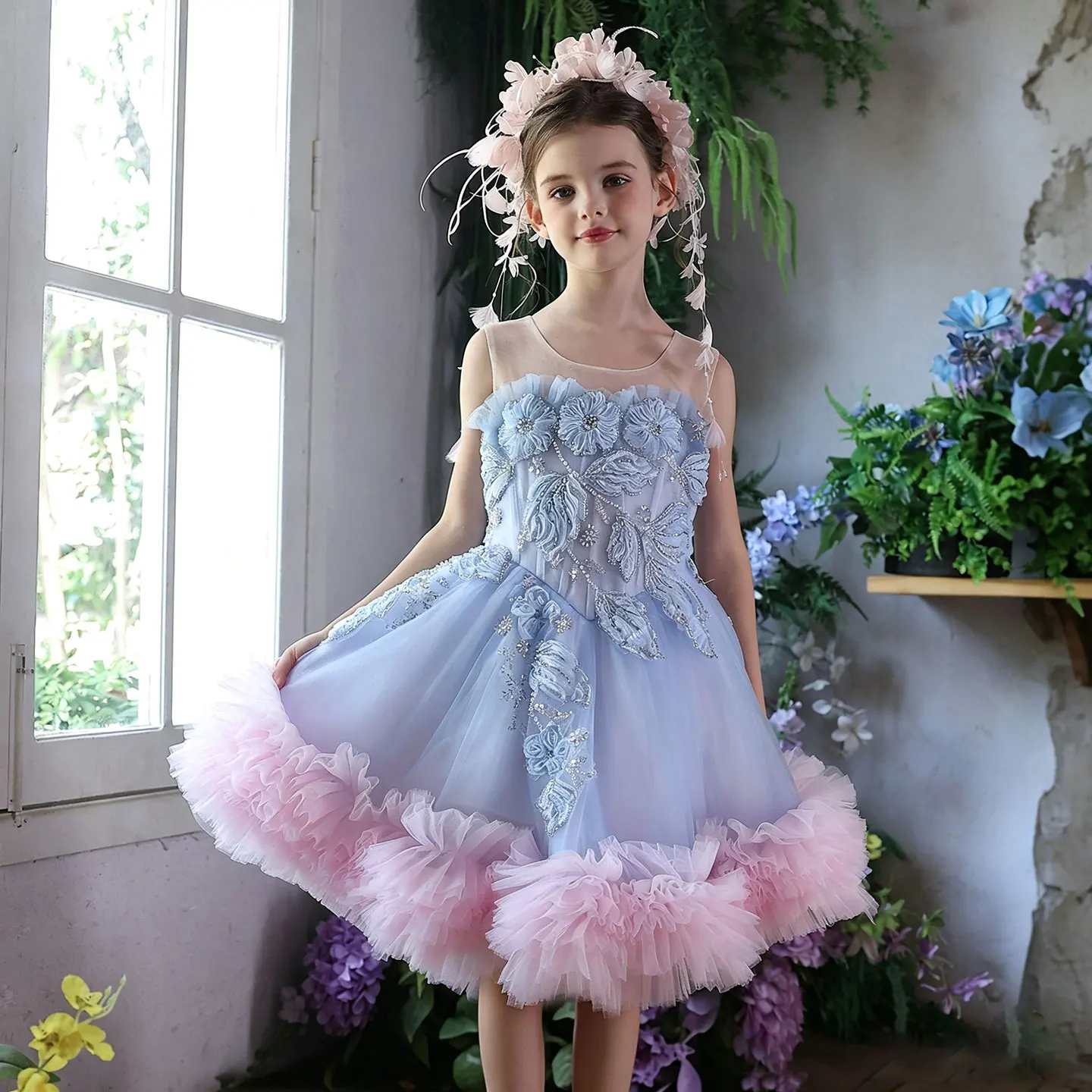 Детское платье для девочек Jill Wish J435 Lt Blue Pink из тюля с 3D цветочными аппликациями и стразами, без рукавов, на шнуровке, для свадеб и праздничных мероприятий
