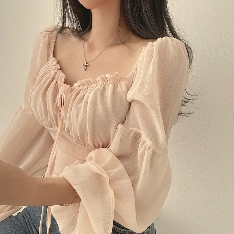 Solid Blouses Women Lace-up Flare Sleeve Square Collar Lace-up All-match Korean Style Sweet Kawaii Elegant Casual Summer Trendy