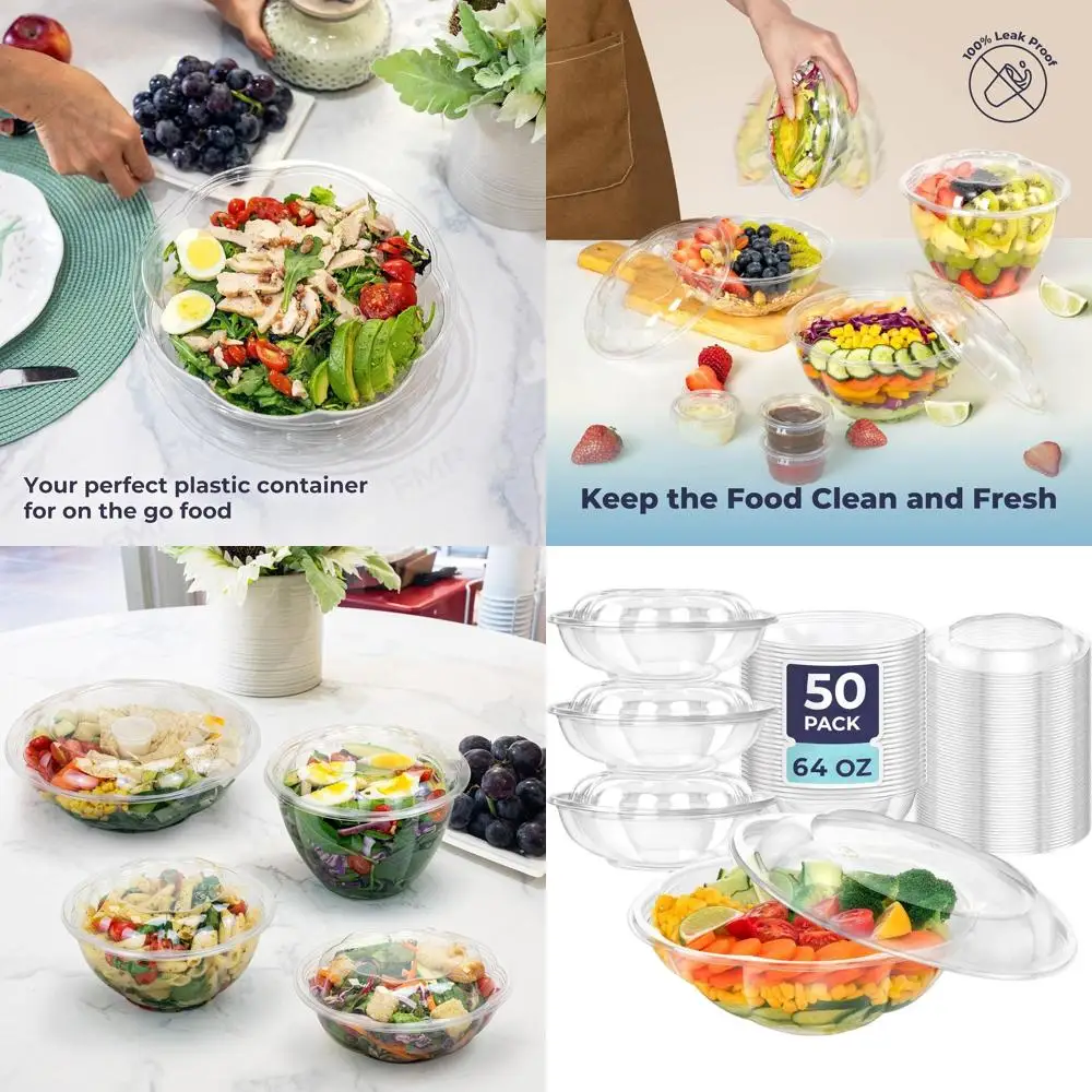 

64 oz Clear Plastic Salad Bowls with Lids, Ideal for Takeout, Lunch, Parties, and Catering