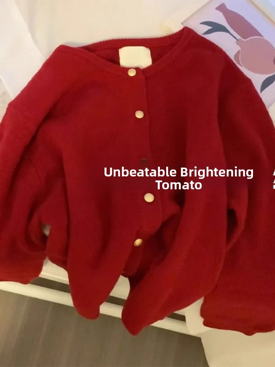 

Stylish Knitted Red Sweater Coat Beautiful High-End Feel Autumn Winter New Arrival Women's Top Fashionable Open Cardigan