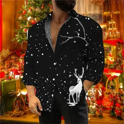 Men's Long Sleeves Shirt Party Style Christmas Deer 3D Printed Shirt Autumn New Button Lapel Top Men's New Year Christmas Shirt