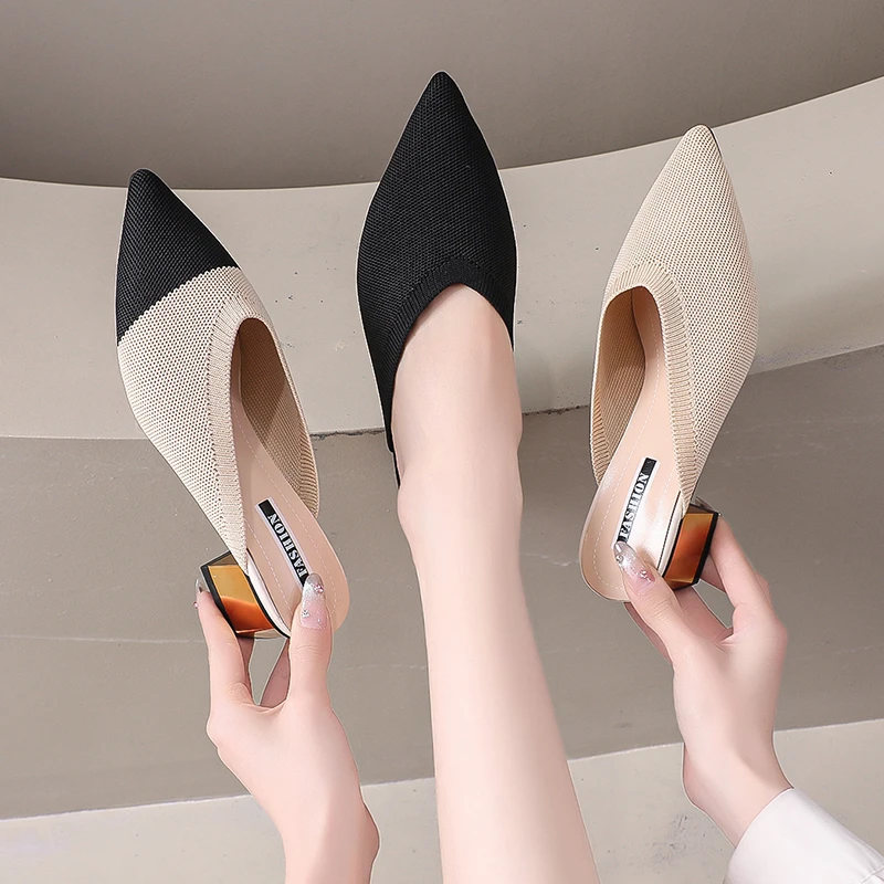 Summer And autumn Popular Fashion Pointed toe Knitted elastic Retro Wrap head half slippers Versatile thick heel cool Slippers