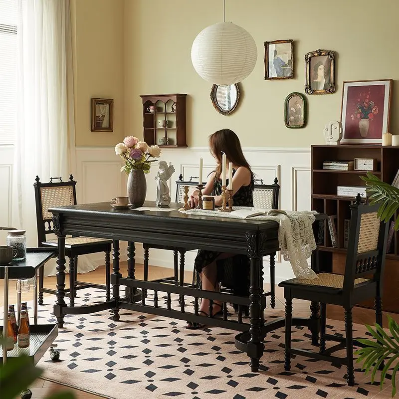 

French retro solid wood home rectangular American carved log dining table simple black square table