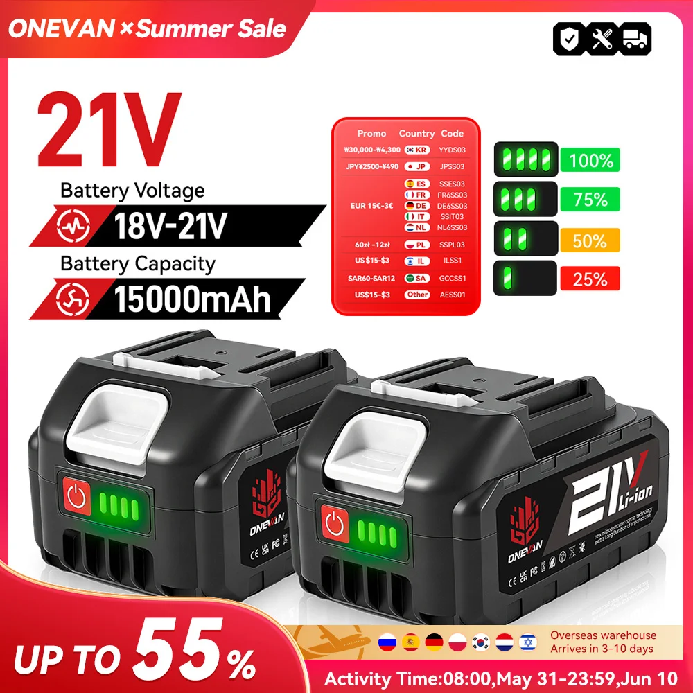 Batterie lithium rechargeable ONEVAN 15000mAh BL1850 BL1840, outil électrique sans fil pour visseuse-perceuse Makita 18V.