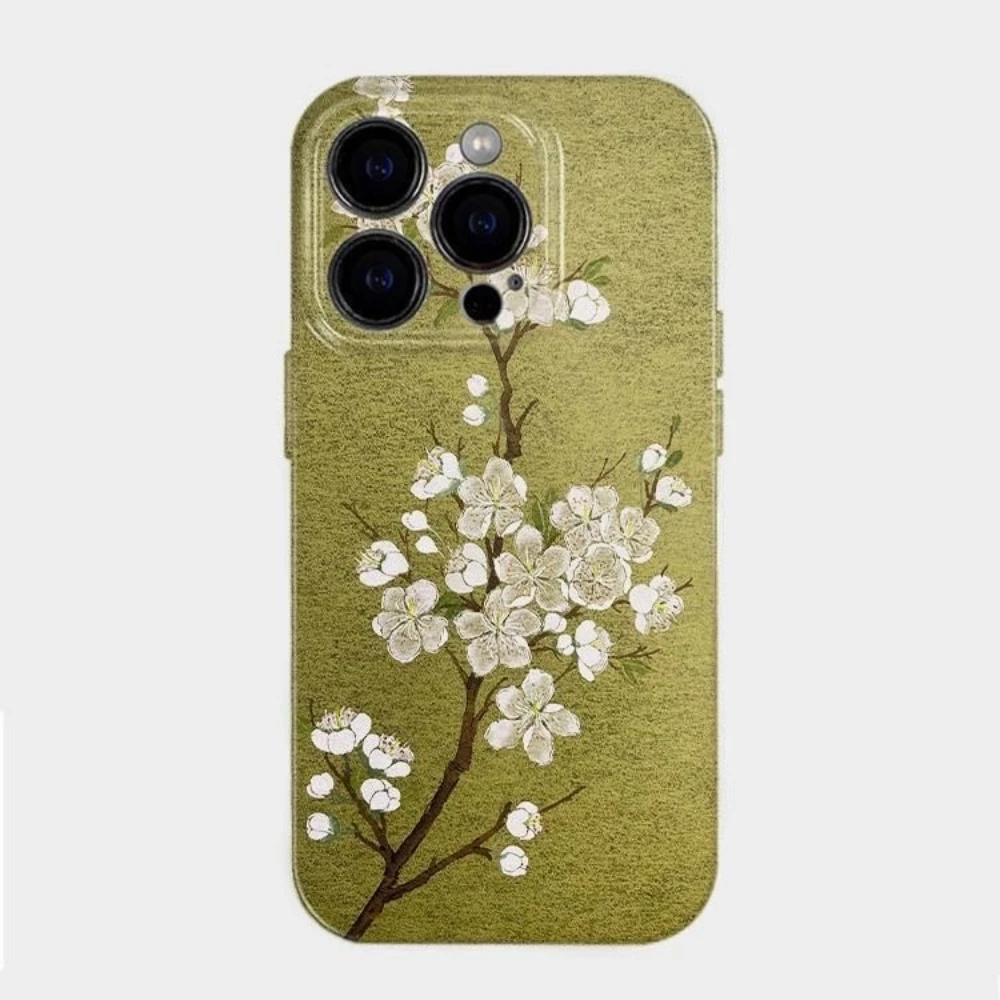 النمط الصيني الأخضر زهر البرقوق الفني قضية الهاتف آيفون 17 16 15 14 11 12 13 برو ماكس الهواء زائد الغطاء الخلفي