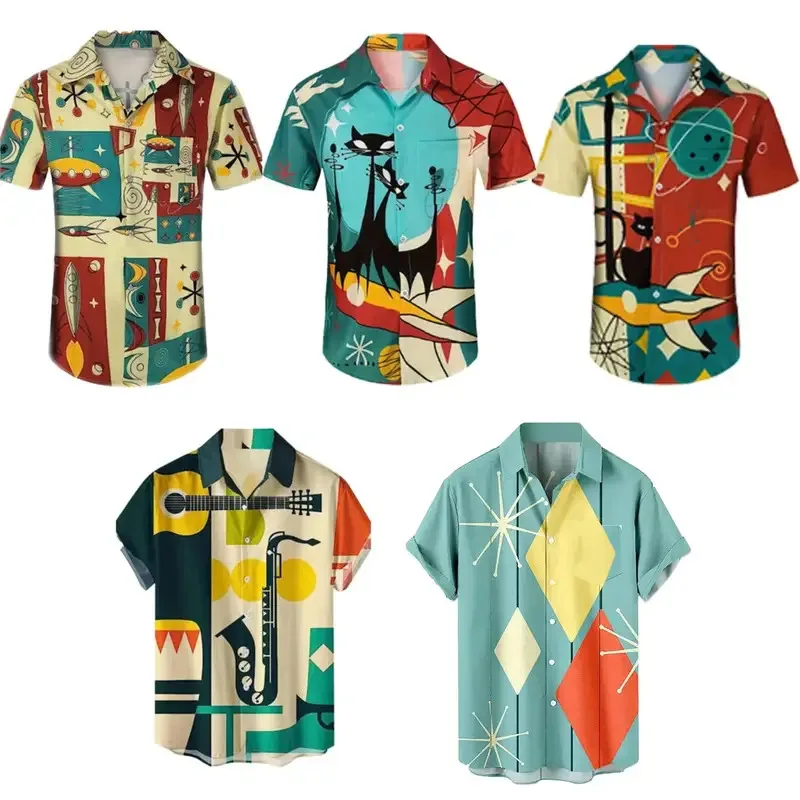 

Men Black Cat Printed Casual Short Sleeve Shirts Adult Button Down Summer Beach Hawaiian Shirt Men's Fashion Clothing Top