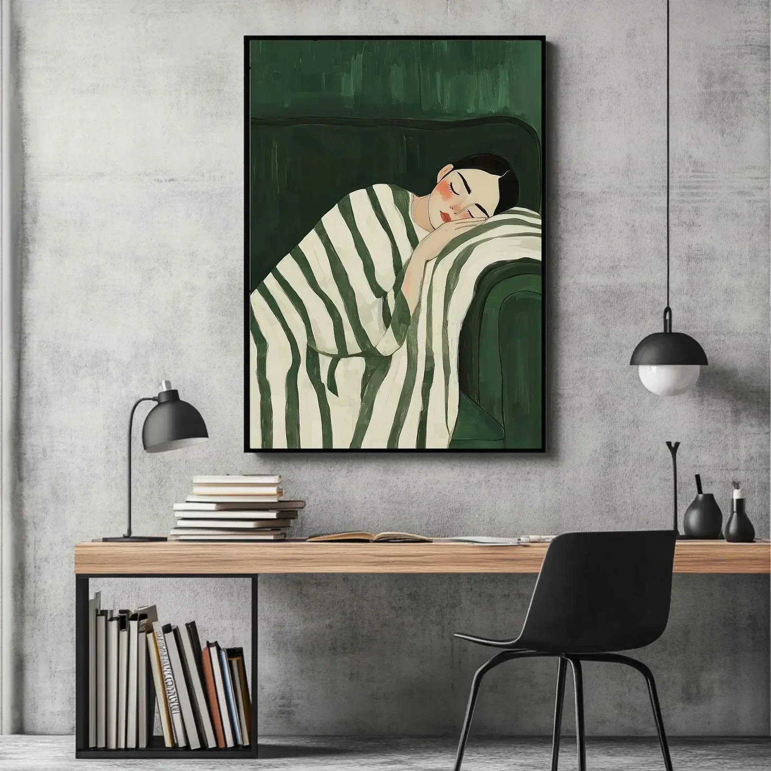 Emerald Green Abstract People Large Wall Art, Contemporary Artwork, Minimalist Print, Living Room, Stripe Woman Printable, Digit