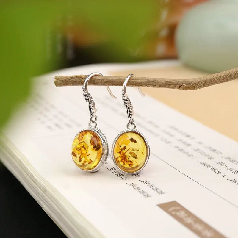 S925 Silver Women Oval Natural Drop Earrings Flower Blood Amber Ear Jewelry