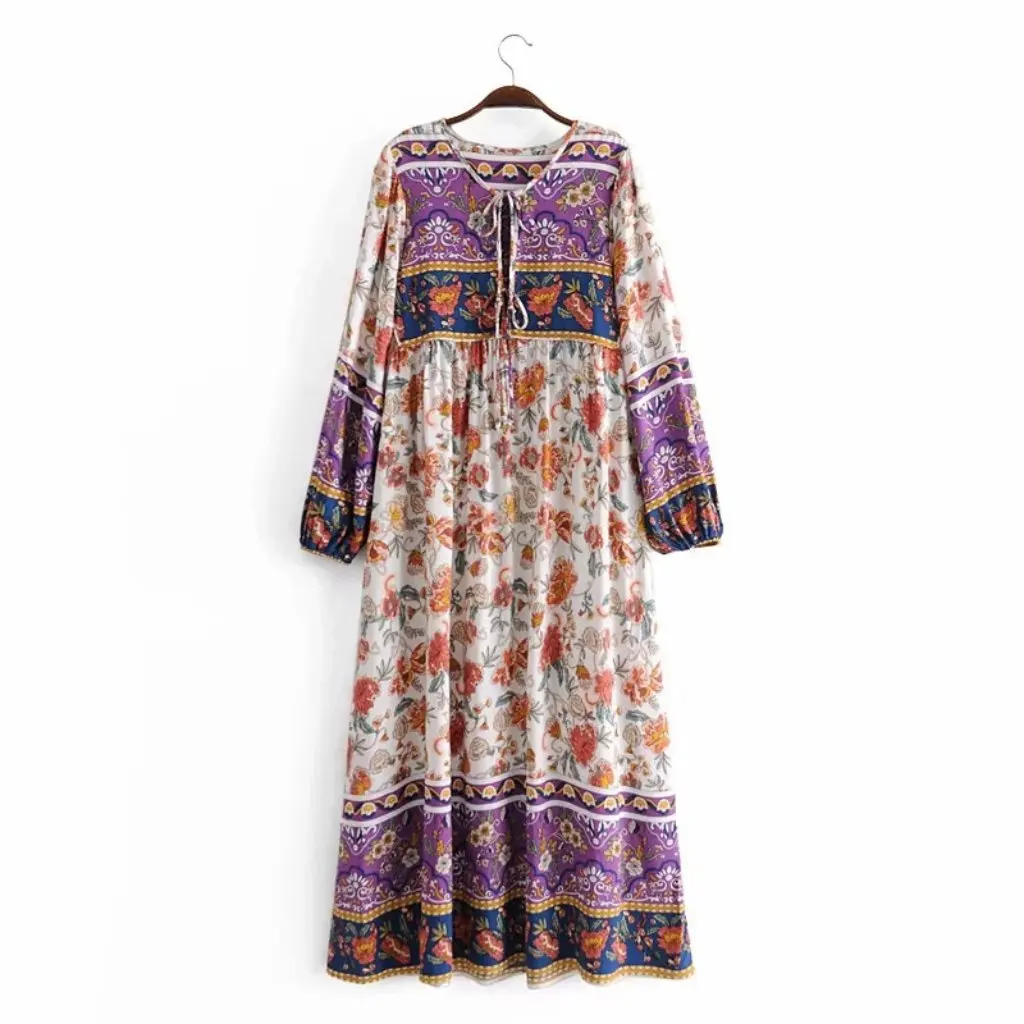 レディース ヴィンテージ コットン プリント ドレス ウィッシュ ルーズ ボヘミアン ロング レースアップ スタイル