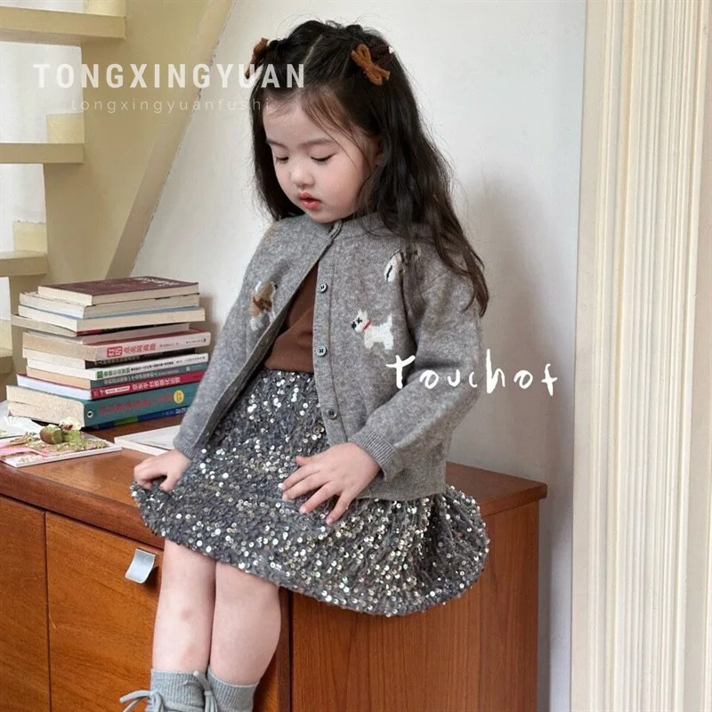 Korean Children Clothing 2024 Autumn New Korean Girls Cartoon Knitted Cardigan Coat Sequined Half Skirt