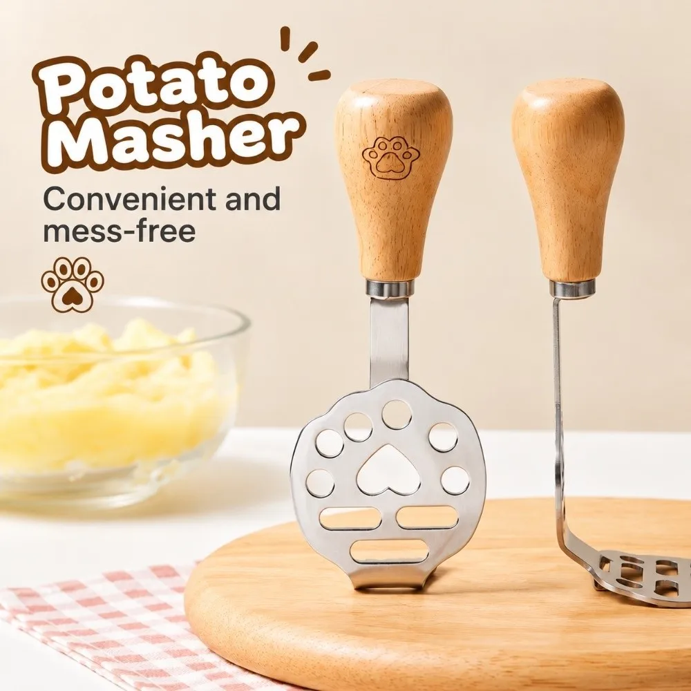 Stainless Steel Head Potato Masher Curved Shaft Hole Punched Plate Food Mashing Tool Ergonomic Grip Wooden Handle Fruit Crusher