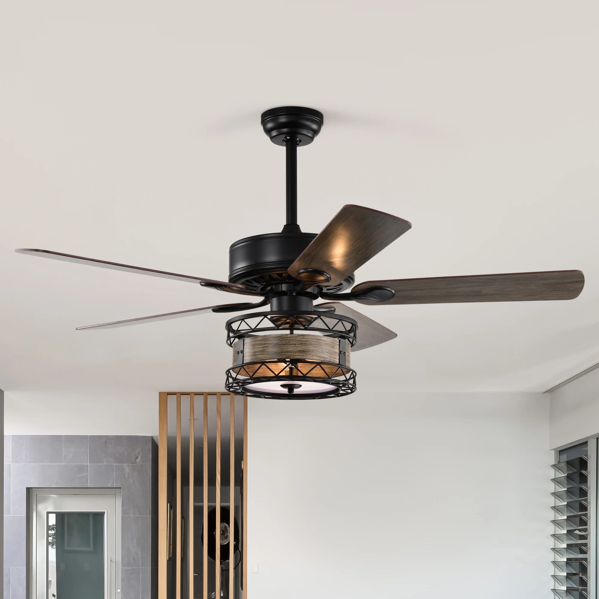 52 Inch Farmhouse 3 Lights Ceiling Fan with 5 Wood Blades Two-Color Fan Blade Ac Motor Fan(no Include Bulbs)