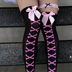 Hot Girl Bone Bow Socks Streetwear Girls Black Sweet Cute Pink Y2K Harajuku Lolita Fishnet Stockings Thigh High Stockings
