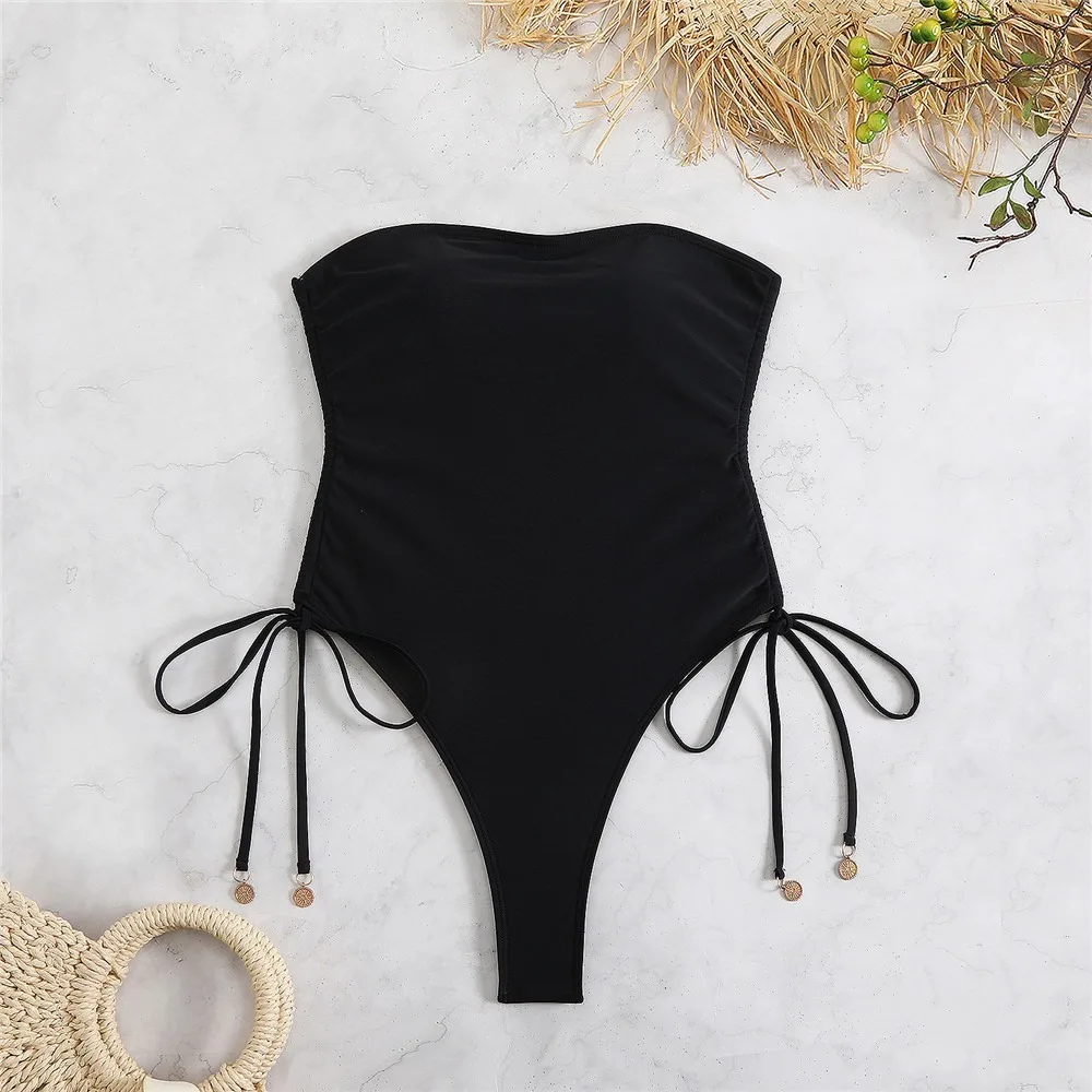 Black One Piece Swimsuit Thong Bathing Suit Girl Monokini 2025 New Swimwear Bandeau Top Bodysuit Swimming Suit for Women Bather