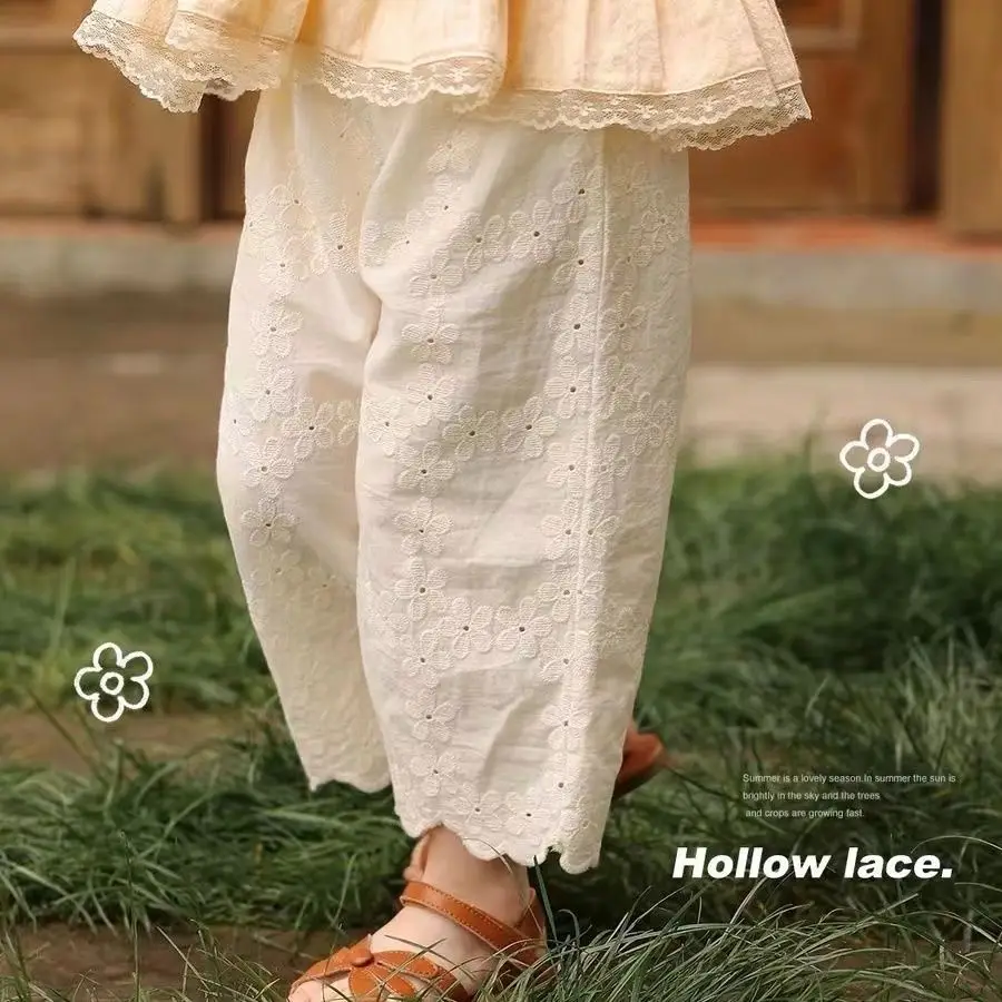 baby Summer New Girls' Hollow Lace Wide Leg Pants Cool Breathable Sunscreen Korean Version Children's Clothes