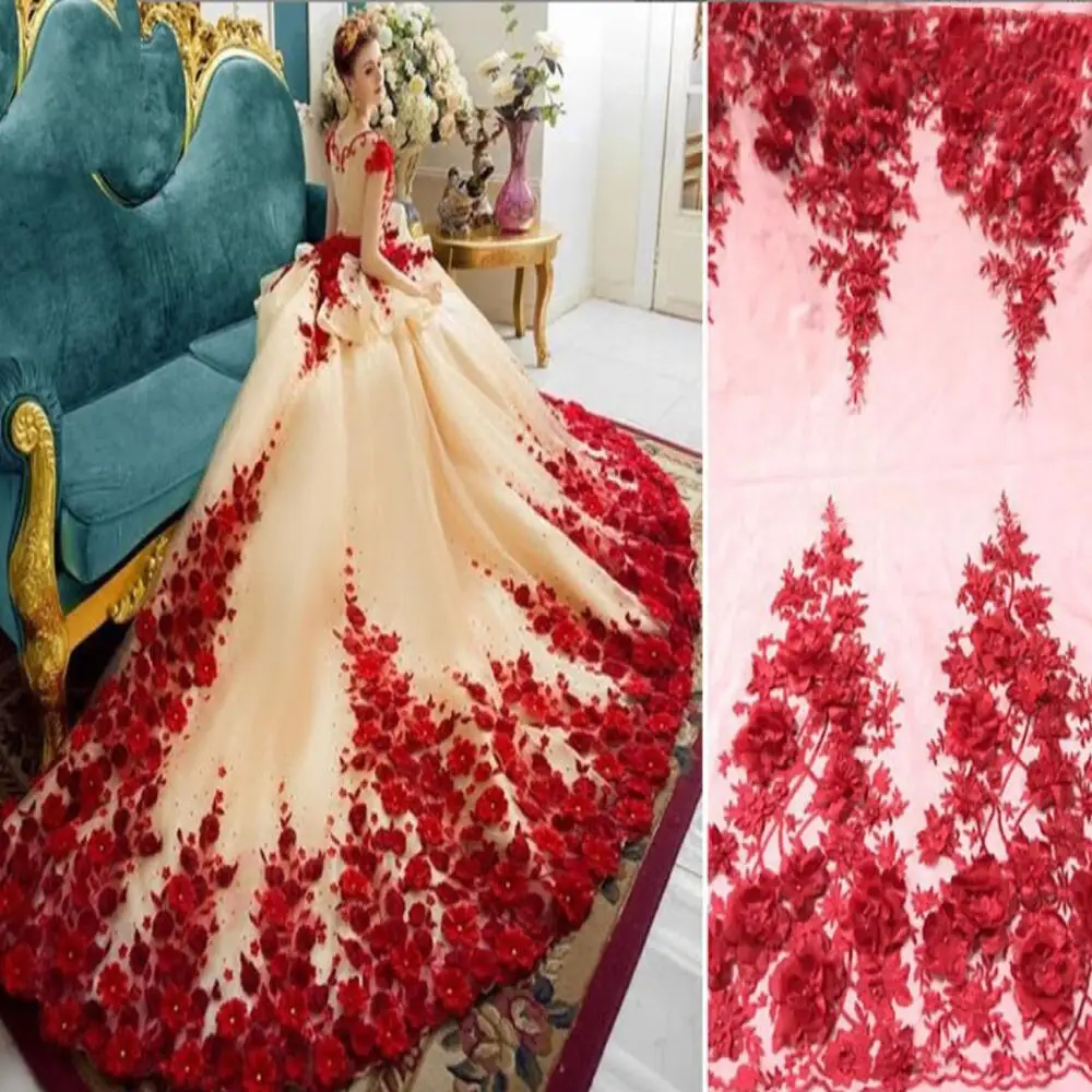 Red Wedding Dress Lace Fabric, 3D Satin Flowers Applique Bead, High End European Lace Fabric, RS4851