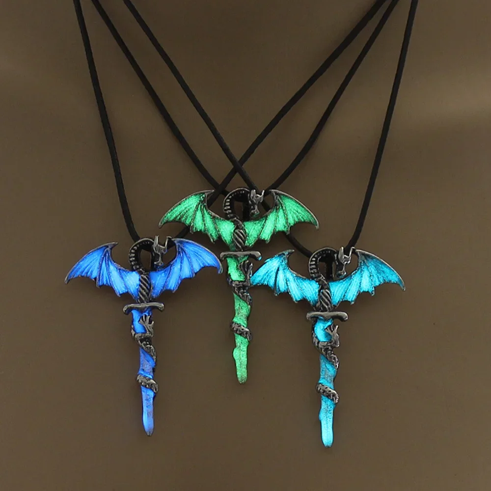 Luminous Glowing Night Fluorescence Glow In The Dark Sword Vintage Dragon Pendant Necklace for Men Women Party Hallowen