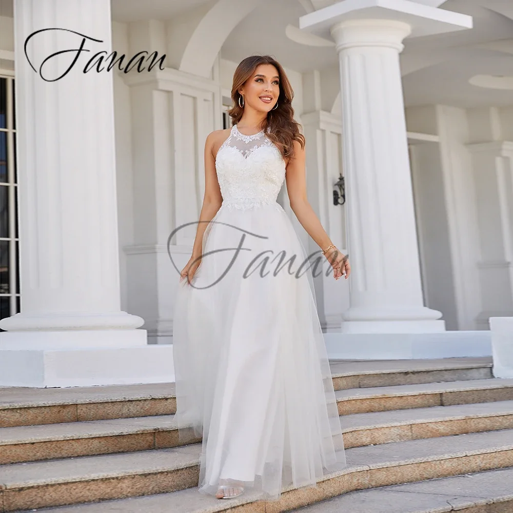 Abito da sposa a trapezio in pizzo con perline scintillanti abito da sposa senza schienale o-collo senza maniche in Tulle robe de mariée Appliques abito da ballo vestidos novia