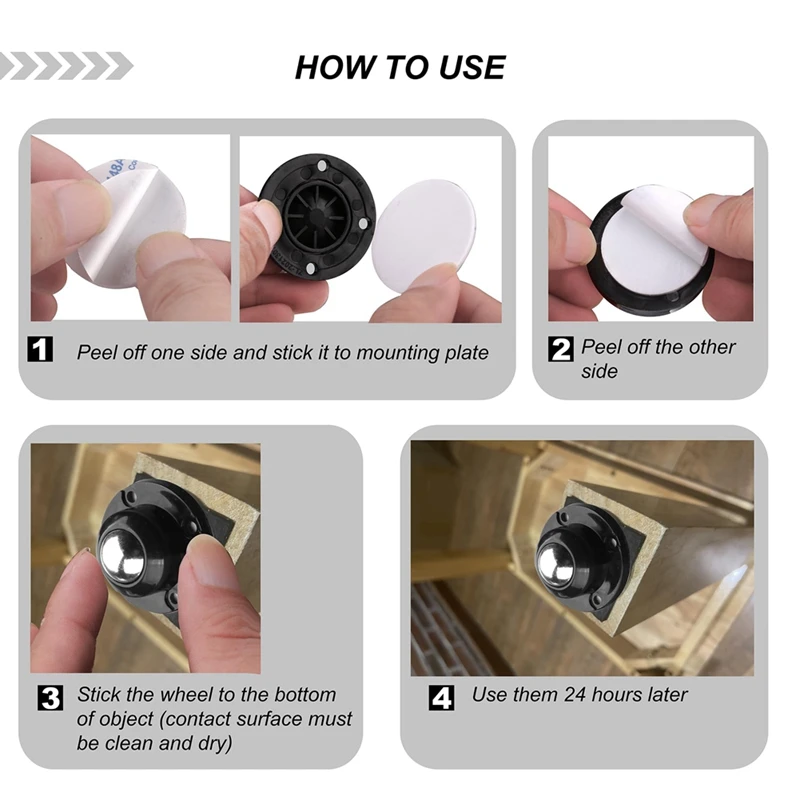 4 Piece 1 Inch Self Adhesive Caster Wheels For Furniture Black Plastic+Steel Ball For Small Appliance Storage Bins