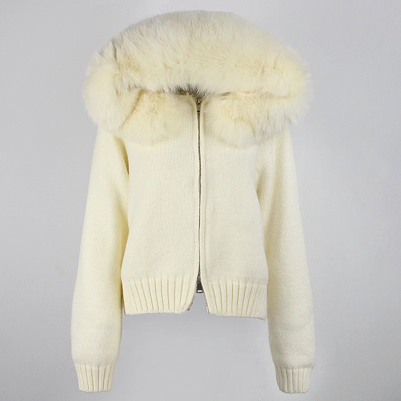 

MENINA 2024 New Autumn Winter Casual Hooded Real Fox Fur Collar with Solid Color Sweater Women's Real Fur Coat Zipper Warm Top