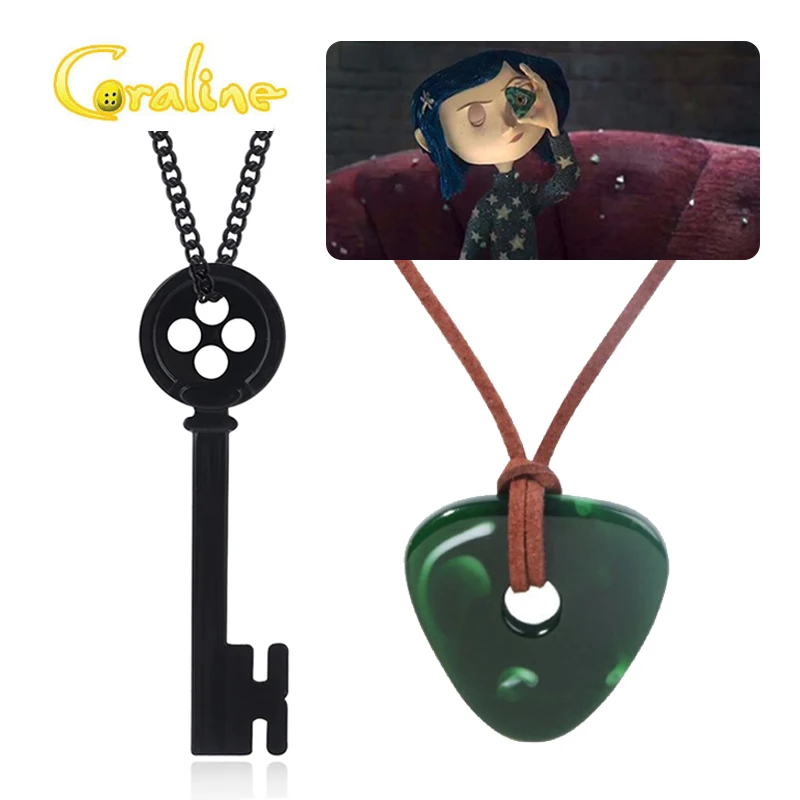 Coraline Seeing Stone Necklace Handmade Rope Chain Green Looking Stone Skeleton Key Pendant Necklace Jewelry