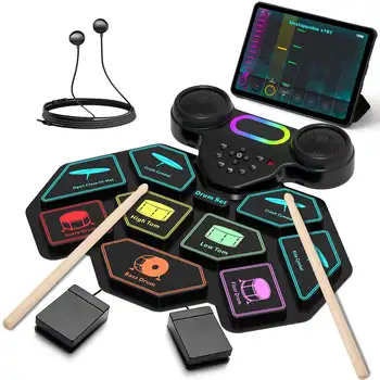 PERKEO 9 Pads Portable Electronic Drum Sets Kit for Kids Adults with Headphone Jack & Speaker