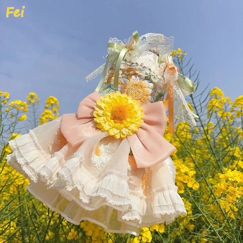 

Orange Yellow Pet Dog Clothes Summer Sunflower Embroidery Print Bow Sling Dresses For Small Medium Dog Chihuahua Puppy Skirts
