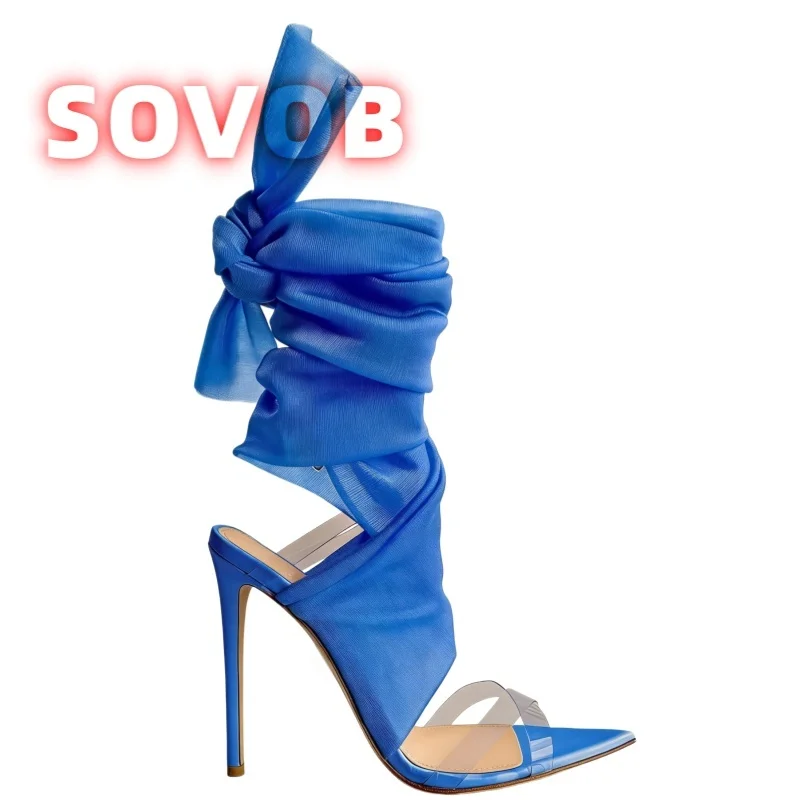 Mesh Wrap Tie-Up Stiletto Heels,Pointed Toe Satin Pvc Sandals for Women,Wrap-Around Sandals,Elegant Stilettos for Party Prom