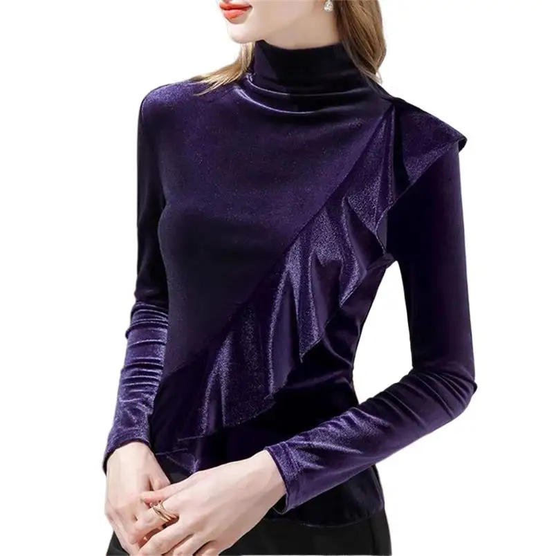 

Autumn Fashion Irregular Ruffles Velvet Shirts Retro Tops Women Long Sleeve Turtleneck Slim Shirts Ladies Loose Street Shirt