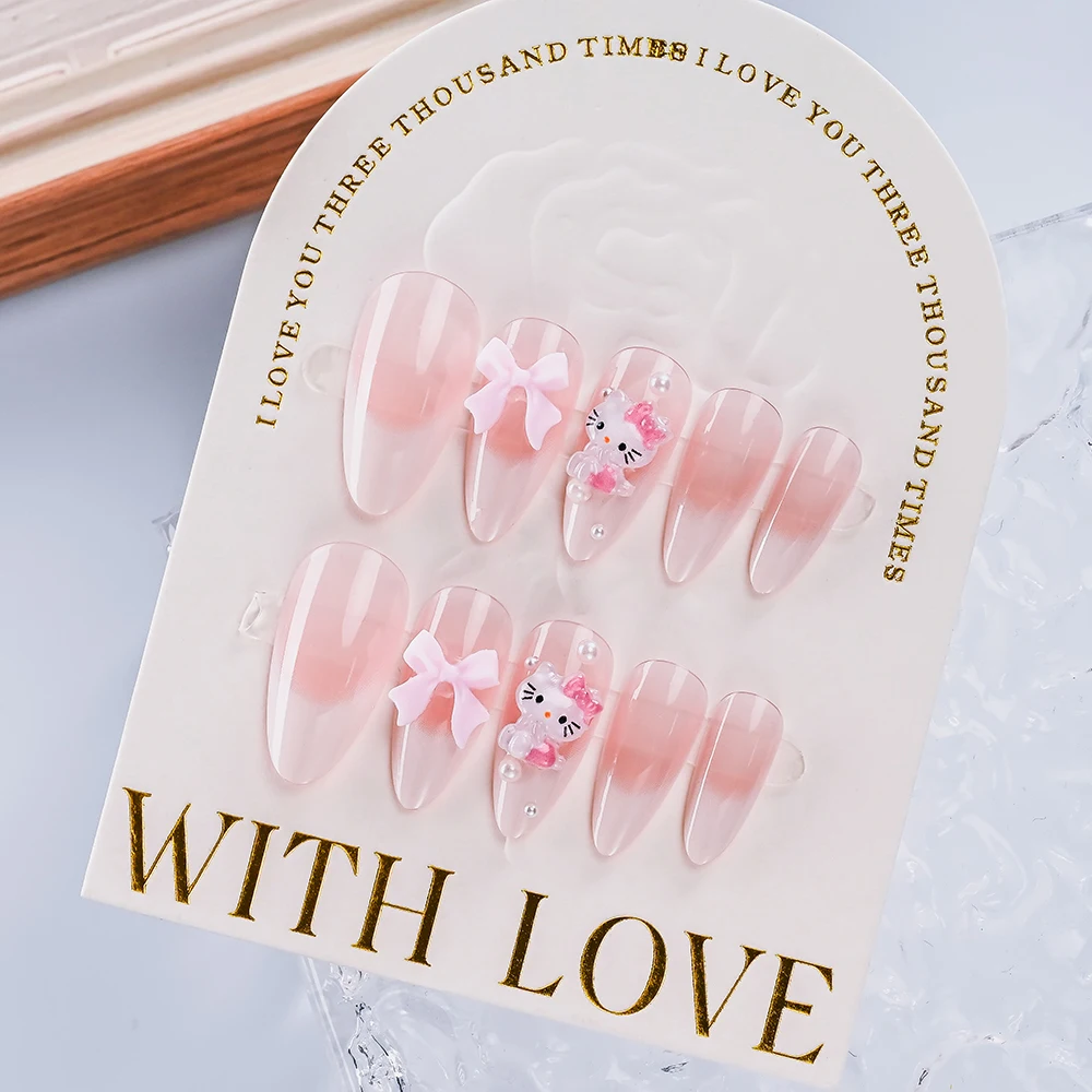 24枚入りミディアムアーモンドシェイプ3Dハローキティフェイクネイルボウリボンピンクホワイトフレンチフルカバーフェイクネイルアクリルつけ爪セット