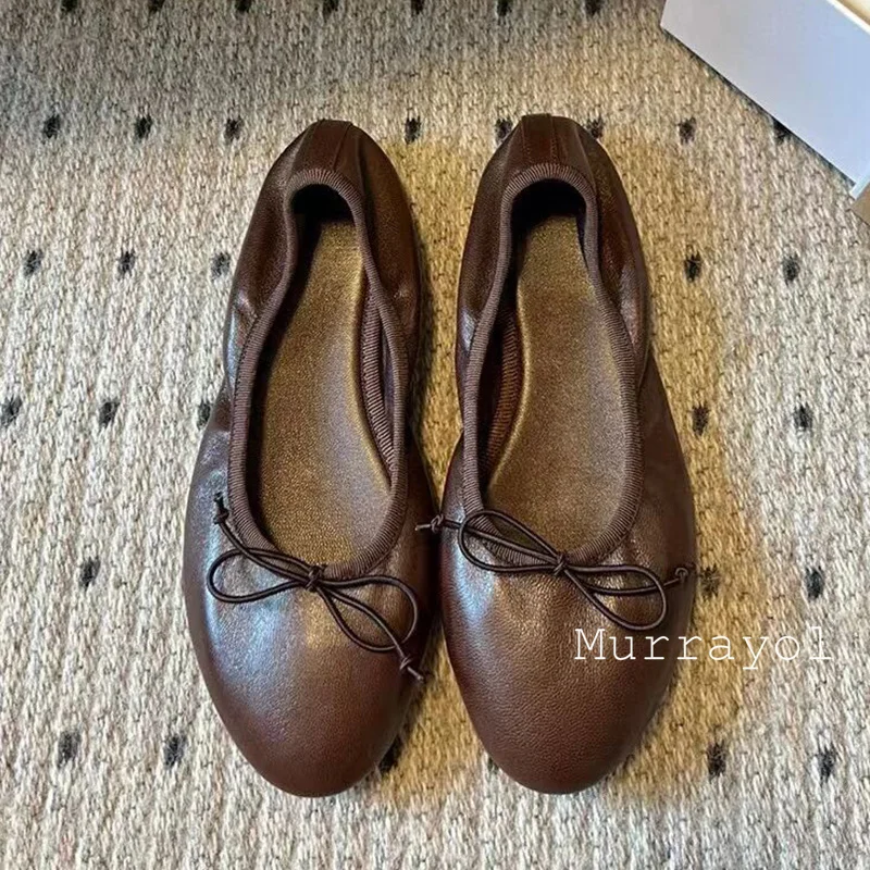 Zapatos de Ballet de cuero genuino con punta redonda para mujer, decoración con nudo de mariposa, zapatos Mary Jane de fondo plano, zapatos individuales versátiles de verano