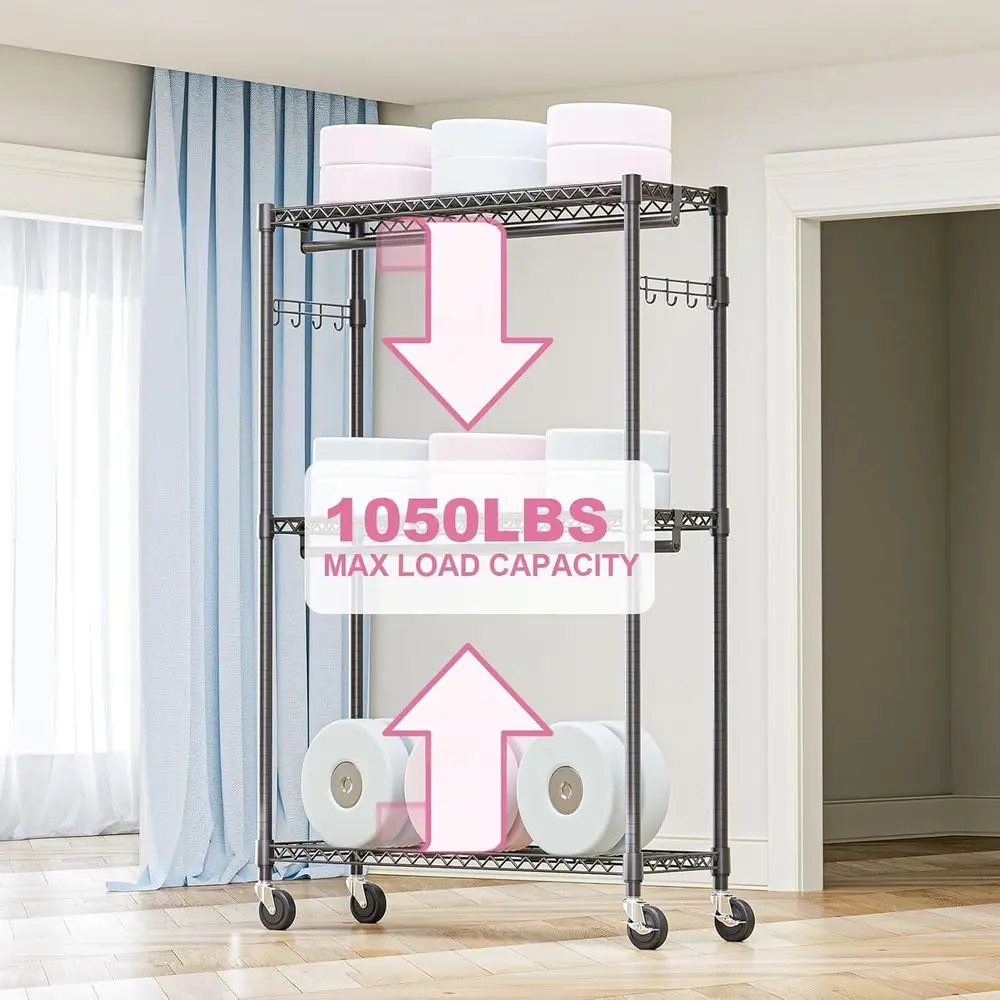 Adjustable 3-Tier Rolling Clothes Rack with 2 Rods, Side Hooks, and Wheels - Black