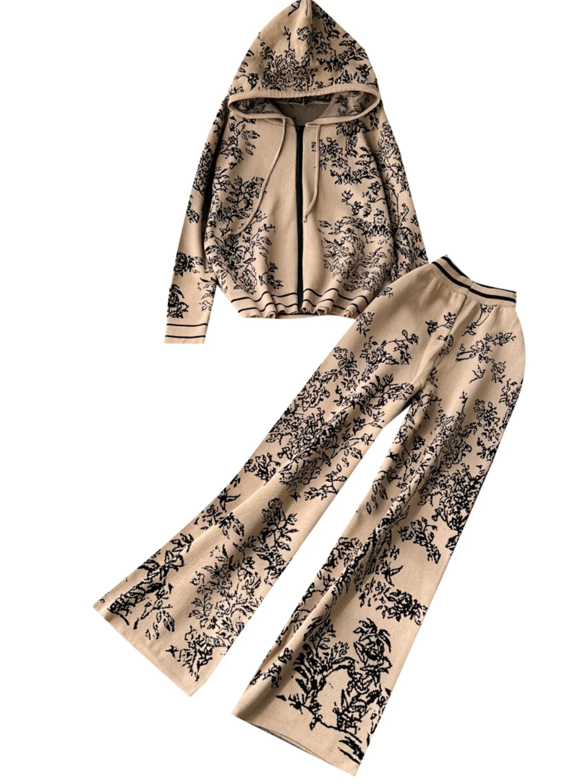 

Faionable Knitted Two-Piece Set with Hood Wide Leg Pants Anti-Aging Design for Young Women High Waist Pants Autumn 2023