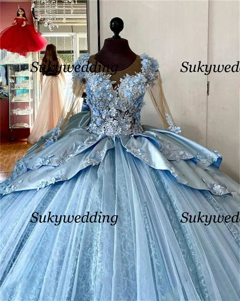 Vestidos Quinceanera azul-céu, apliques de lantejoulas, mangas compridas, vestido de princesa, flores 3D, 15 anos