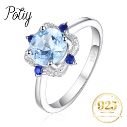 Potiy 925 sterling silver Natural Sky Blue Topa Ring for women jewellery elegant sets  retro luxury quality  valentines Gifts