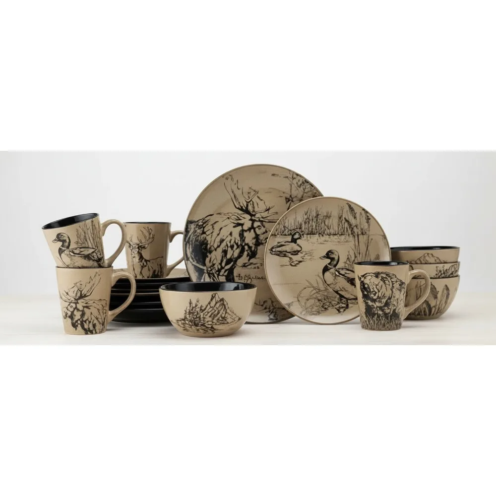 

16-Piece Lodge Style Dinnerware Set for 4, Animal Print Stoneware Plates Bowls Mugs, Dishwasher & Microwave Safe