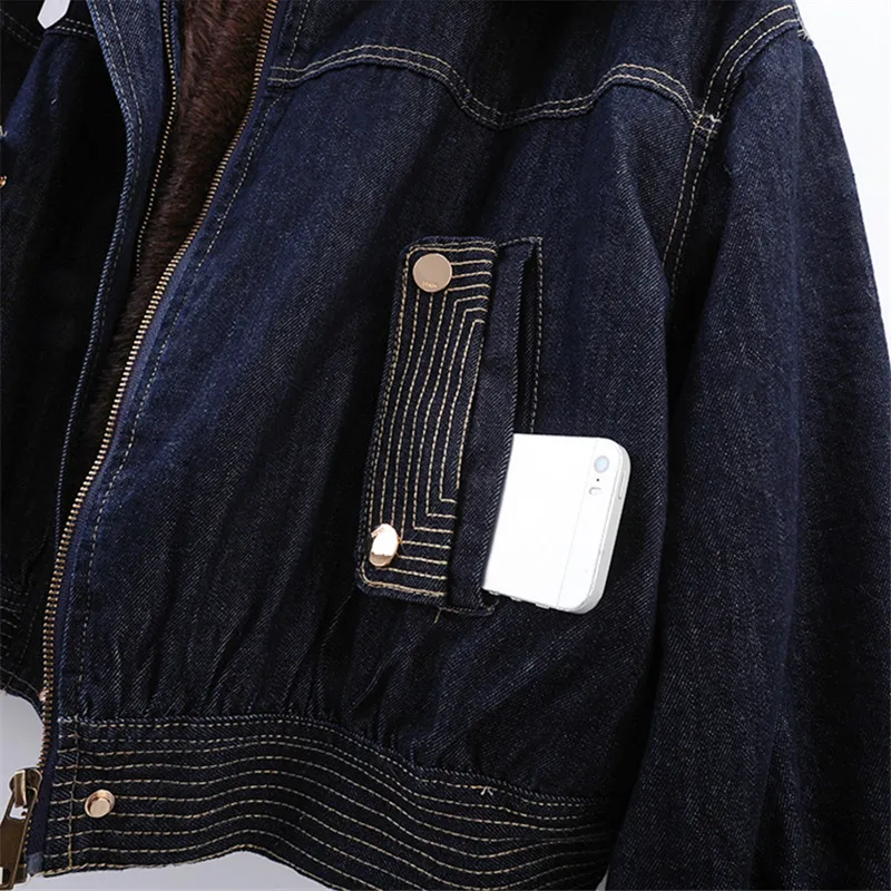 Winter Thick Warm Faux Lambswool Fur Liner Denim Jacket Women Korean Casual Loose Big Lapel Long Sleeve Short Jeans Jacket Coat