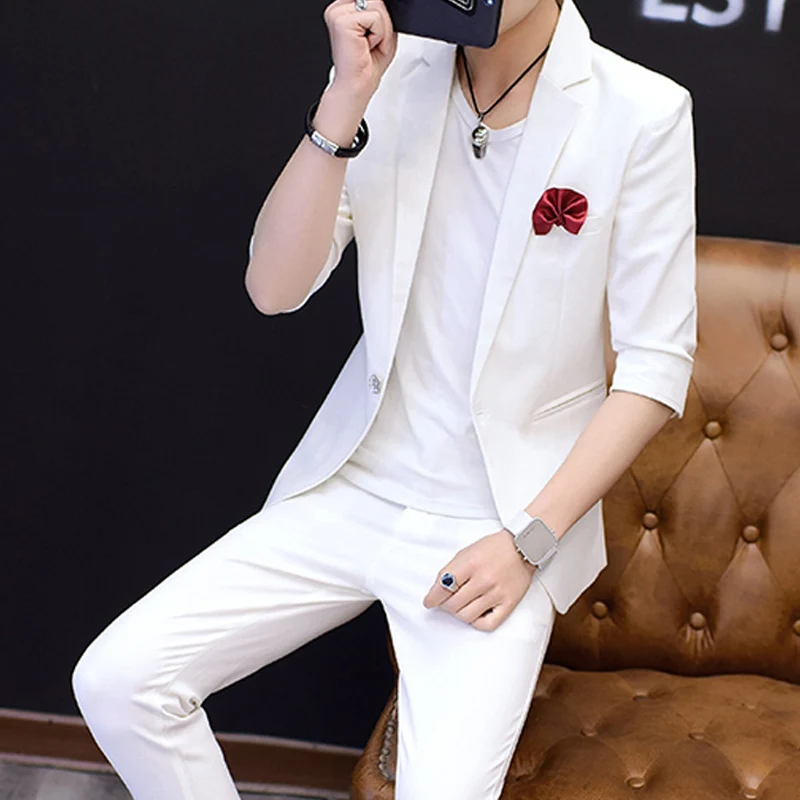 

Spring Men's Thin Stripe Mid-Sve Small Suit Set Korean Sle Slim Fit Faionable Seven-Sve Suit Two-Piece Set