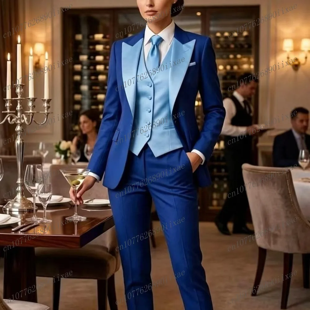 

Sky Blue And Blue Women Suits Lady Business Tuxedos Mother Wedding Party Formal Ladies 3 Piece Set Jacket Vest Pants