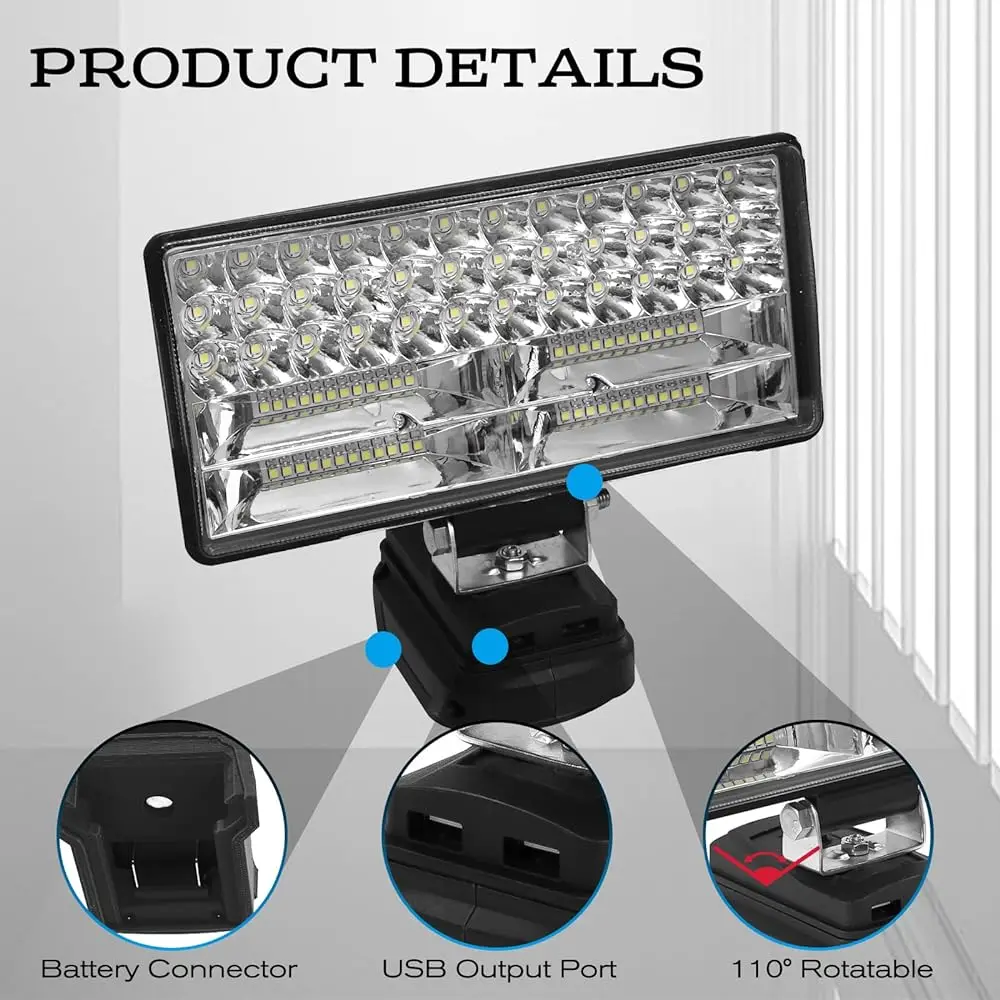 11800LM ไฟ LED สำหรับ Makita 35W พร้อมพอร์ต USB คู่เข้ากันได้กับโคมไฟสไตล์วินเทจไฟฉุกเฉินแบตเตอรี่ Li-ion 18V