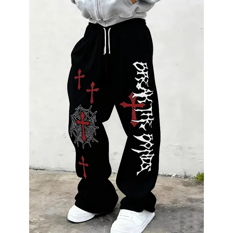 Wide Leg Trousers, Cross Spider Web Gothic Letter Print, Drawstring Elastic Waist, Hip Hop Streetwear Casual Loose Pants