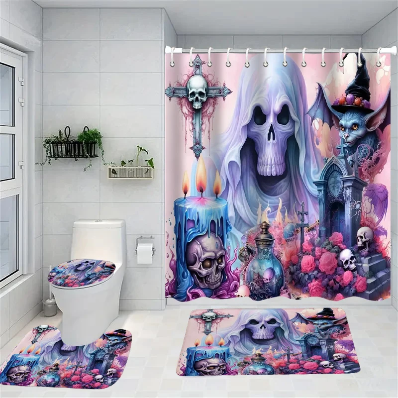 

Halloween ghost Skull Pattern Shower Curtain Bath Sets Waterproof Non-Slip Bathroom Rug Toilet U With 12 Hooks Home Deco