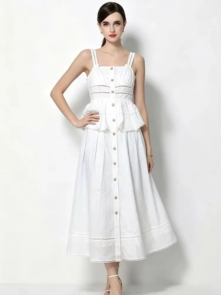 

Women's White Spaghetti Strap Midi Dress Square Neck Hollow Out Ruffle Hem Button Front A-line Casual Summer Dress for Vacation